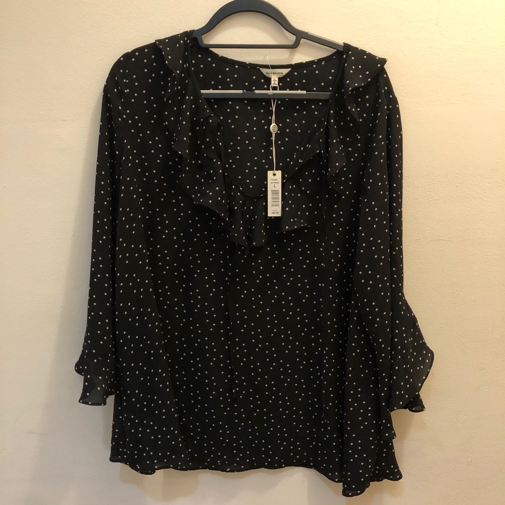 Max Studio Polka Dot Black Ruffled Blouse